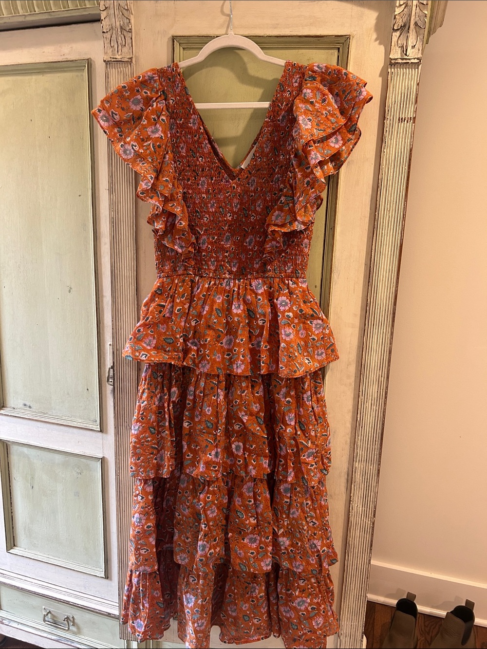 Cleobella Orange Floral Ruffle Tiered Midi Dress